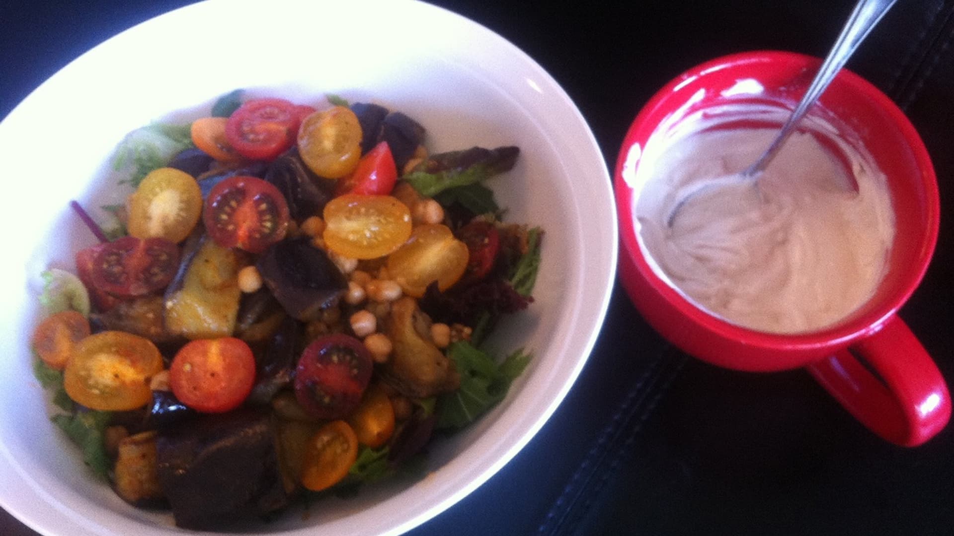 Eggplant, Tomato and Chickpea Salad with Tahini-Yoghurt Dressing