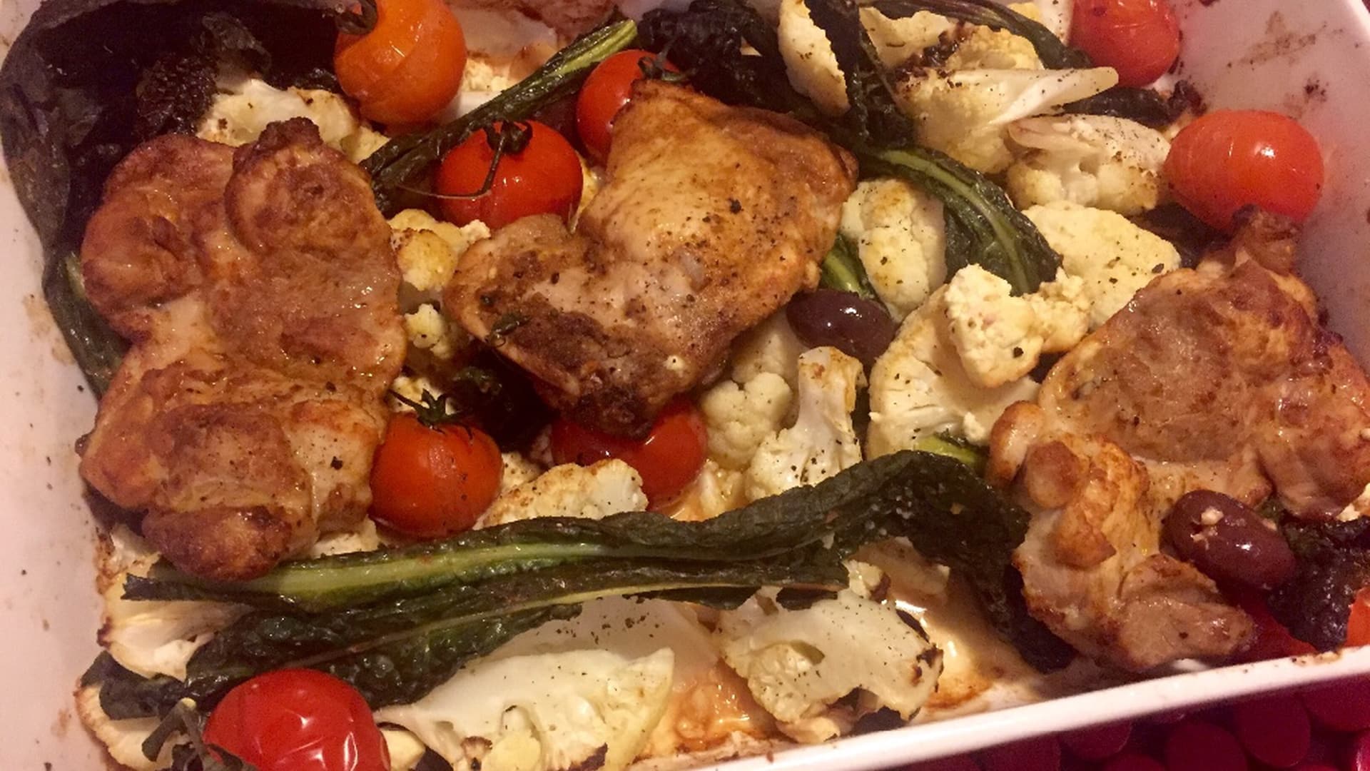 Tray-baked Paprika Chicken with Cauliflower, Feta and Olives